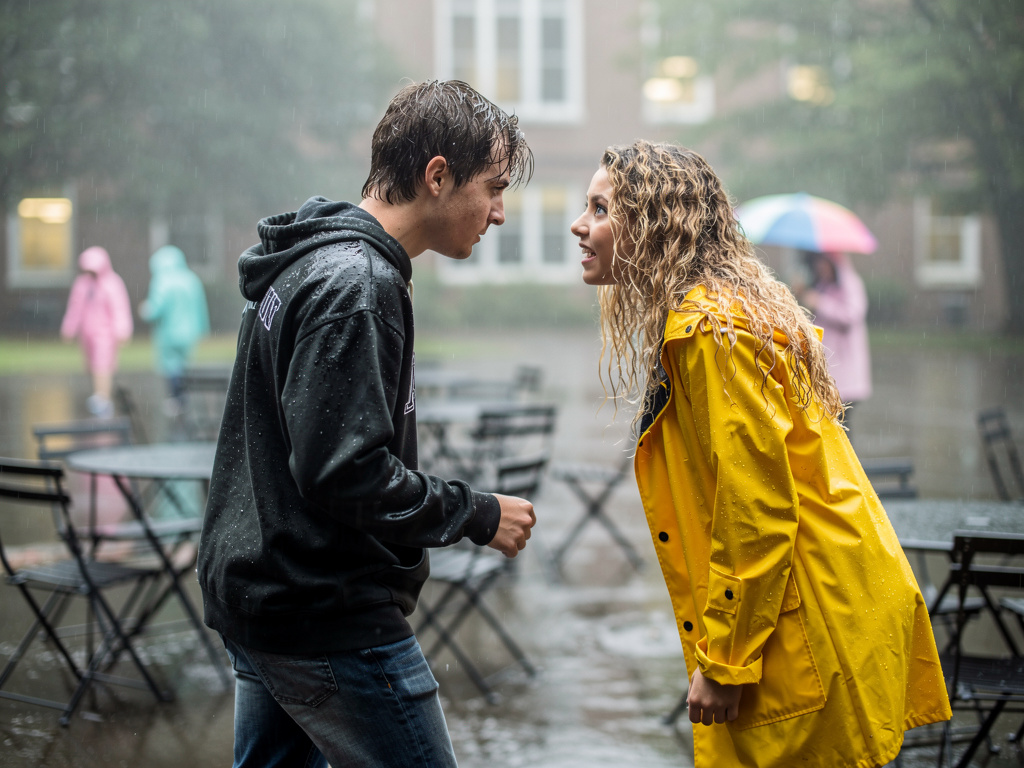Temporada 2 - Episodio 1: "El silencio de Jake"Escena: El patio de la universidad o la salida bajo la lluvia.(Jake intenta ca