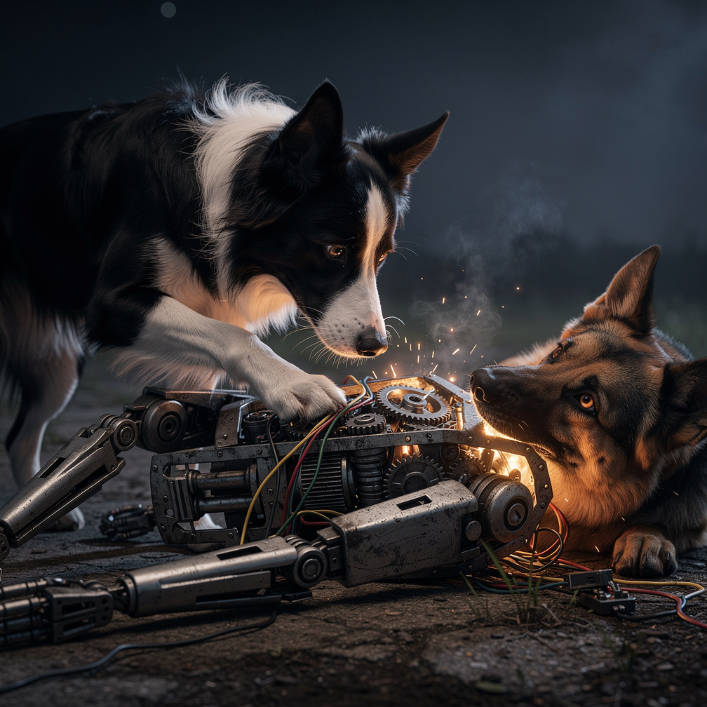The border collie checks the German shepherd's exposed internals for clues about where he was made.