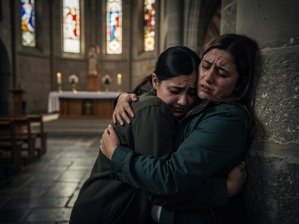 Imagina si: Haceme una imagen de una chica argentina apoyada en una pared de una iglesia católica (Adentro de la iglesia) llo