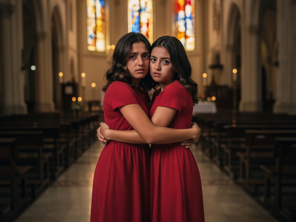 Quiero que las 2 se abracen. Las 2 tienen vestido muy corto rojo.