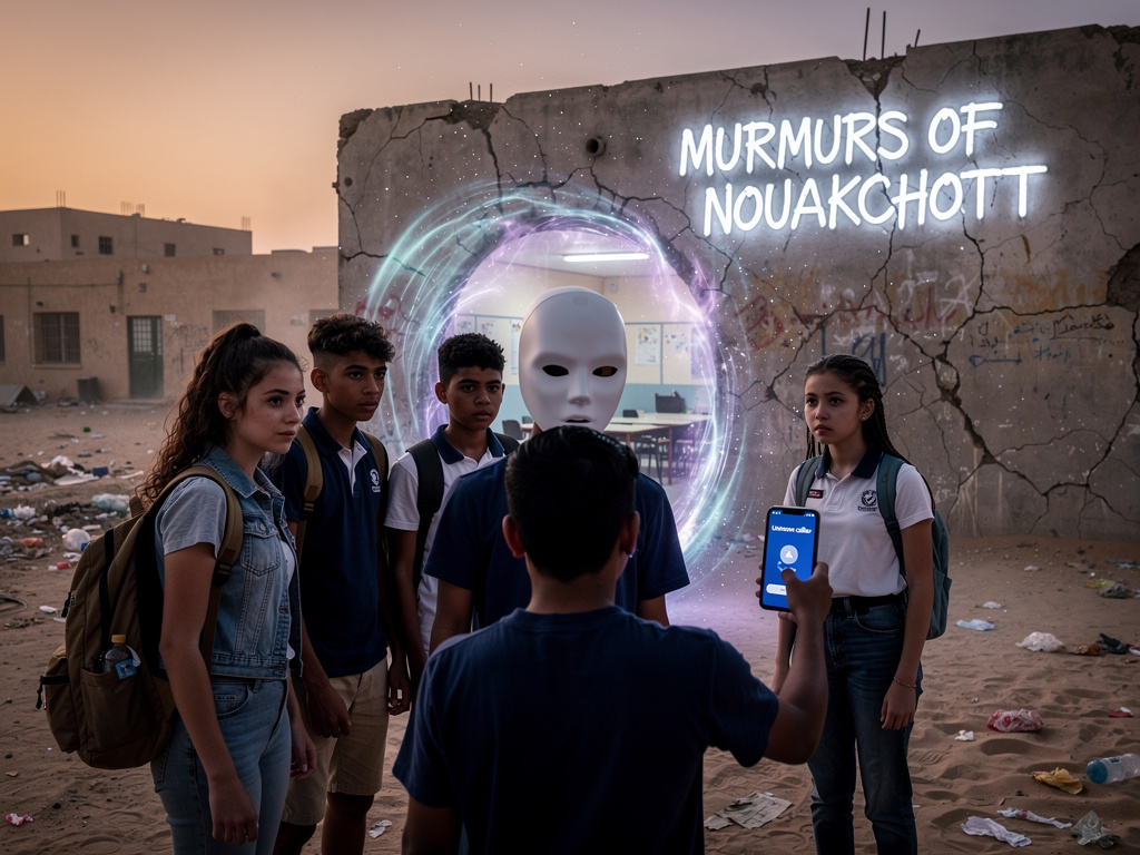 They saw a masked boy with a smartphone on his hand.