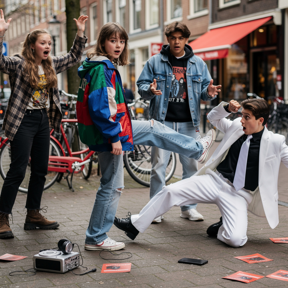 Emma Kimberworth look at The front her Back they She Teenager Boy Named Dominic Janssen wearing White suit and Long Black shi