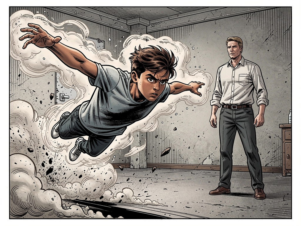 Reggie is flying through the air, aura farming, emerging from amidst the dust to soar towards his father.