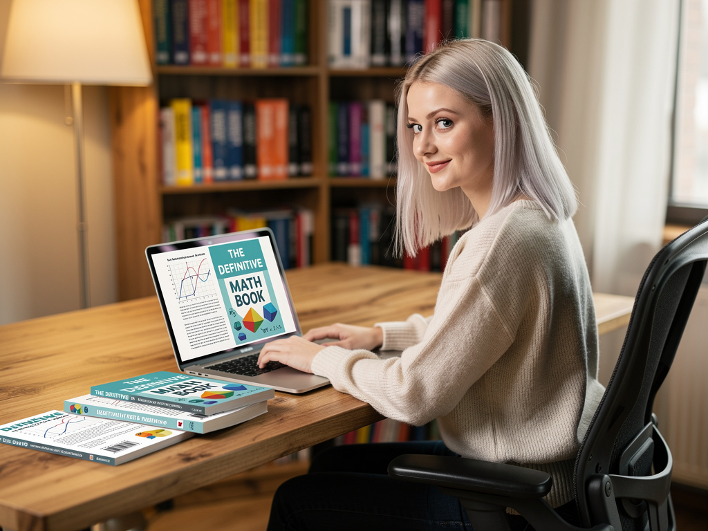 In a cozy, modern study with a large wooden desk, a laptop, and a bookshelf filled with math textbooks, a unique ebook is bei
