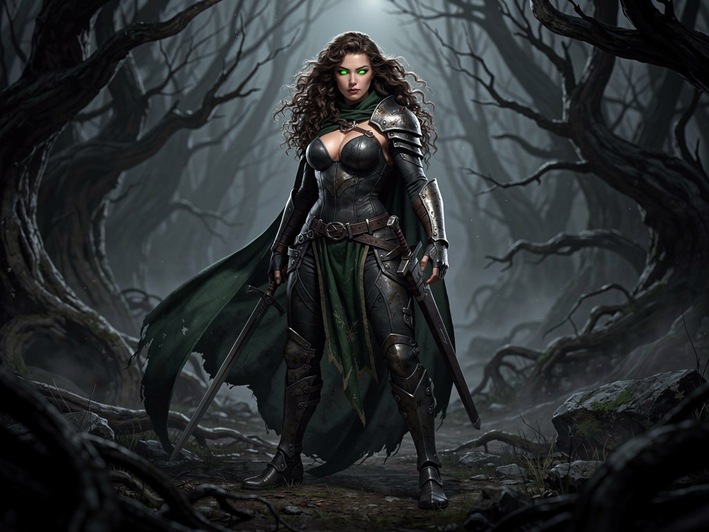 Uma guerreira peituda estilo dark fantasy anime.