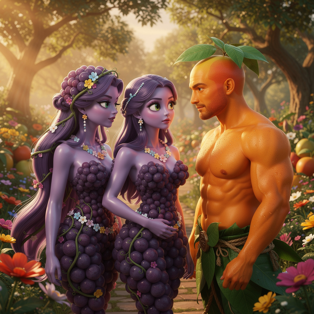 Imagina si: Hazme una novela sobre esta trama. Una elegante uva se enamora del mango comprometido de su hermana, desatando un