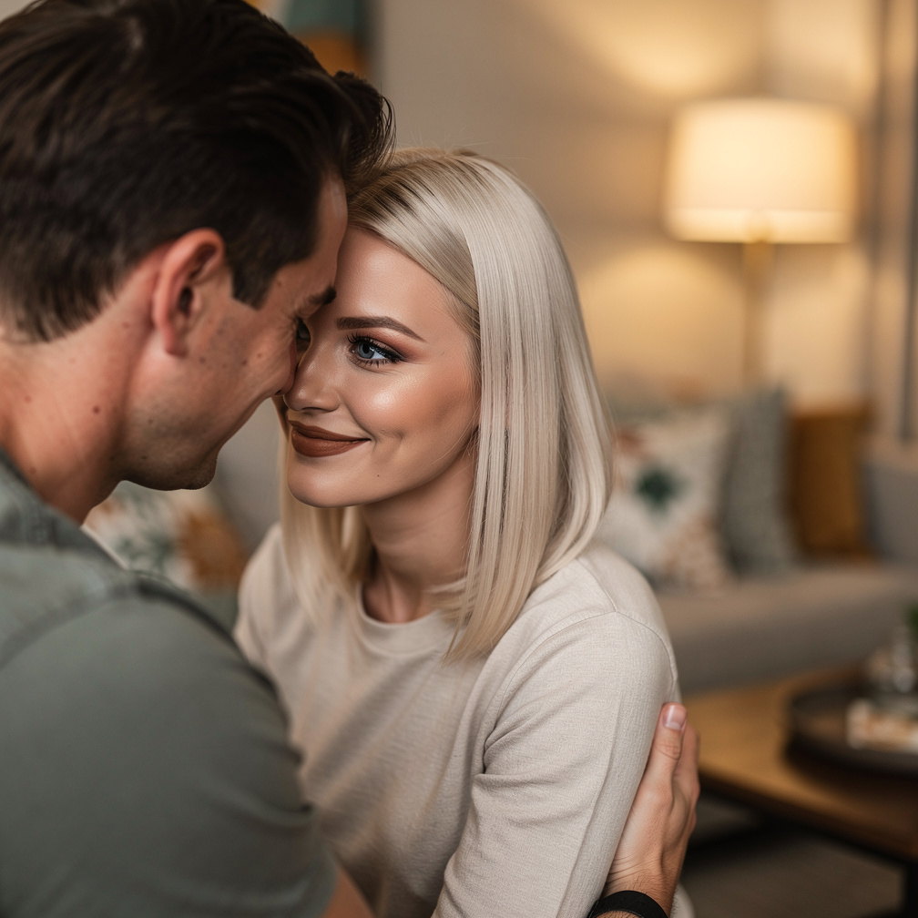 At Home Jason Hunter And Emma Kimberworth are kiss  Emma having Makeup  Brown Lips Long hair.