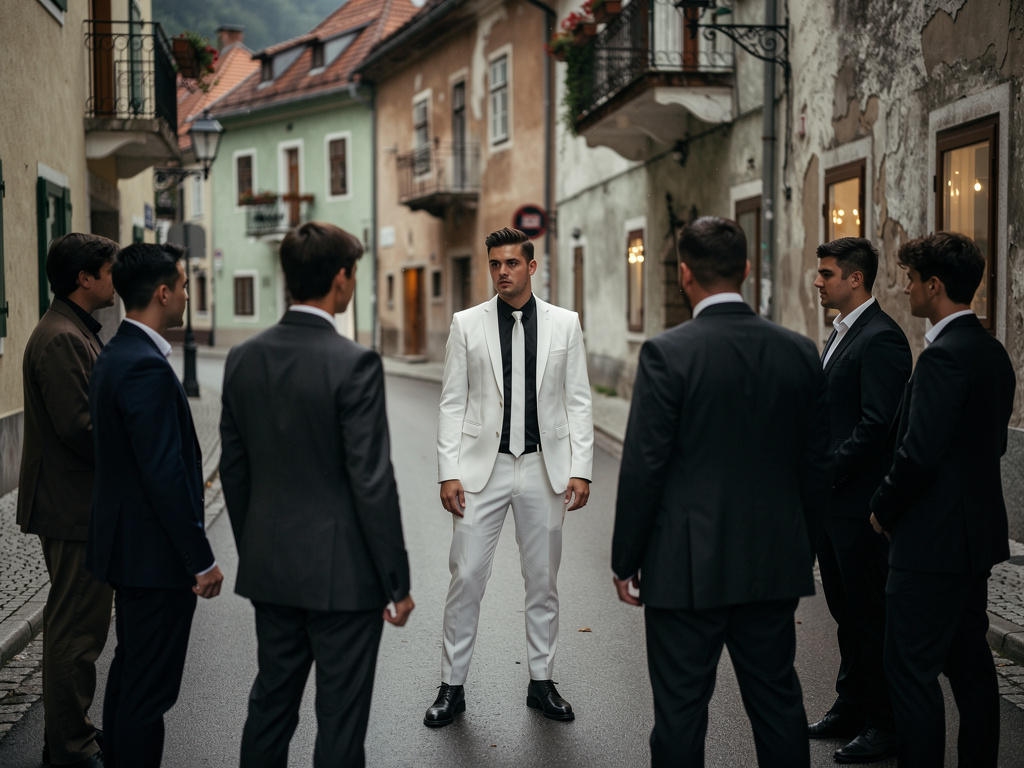 Andrew Rivera Pierre Look to the Guys one By one goes Slovenian streets they Wearing White Suit and long Black shirt and whit