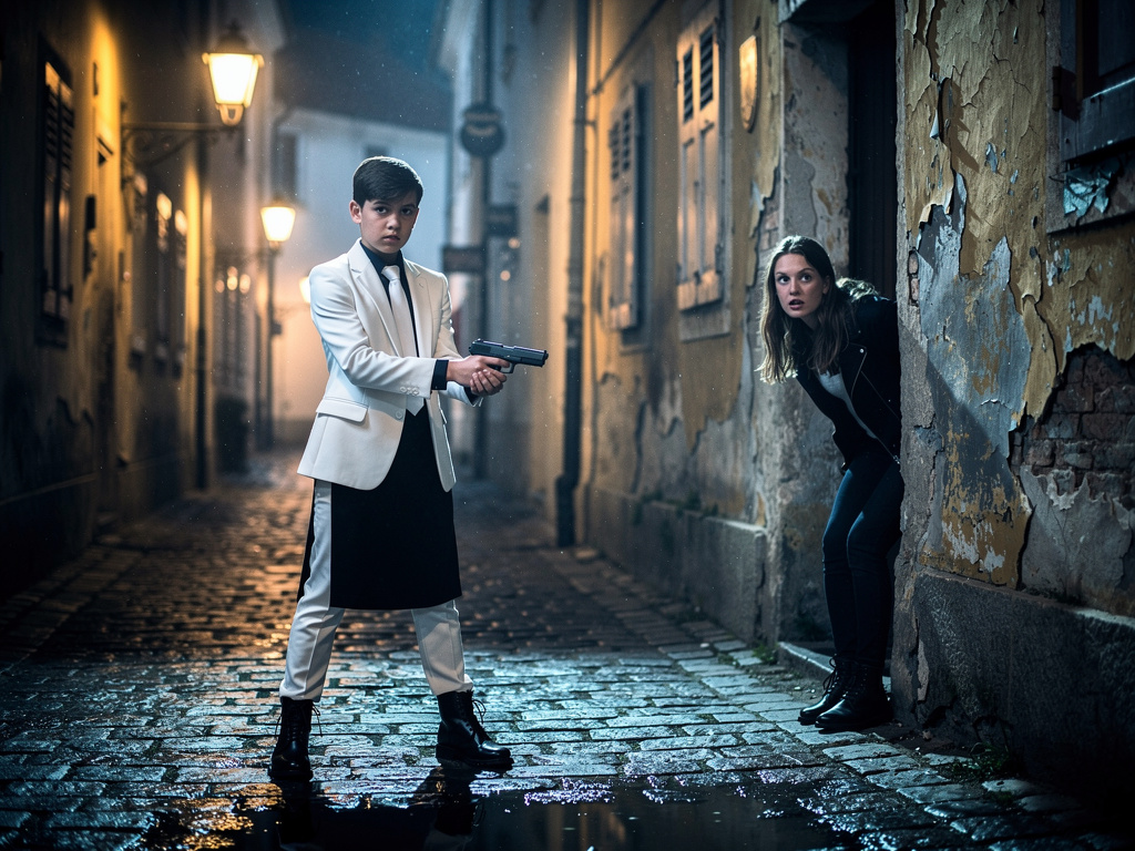 The Boy wearing white suit and long Black shirt and white tie and Black boots with the Gun in front Her and Kidnaps Mackenzie