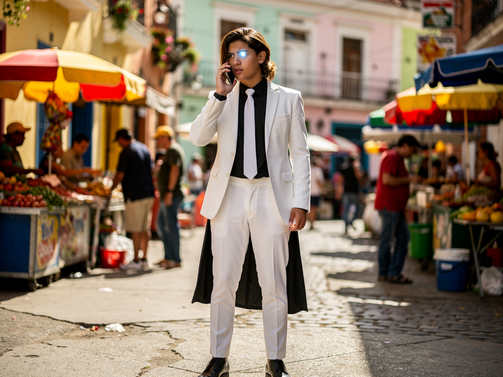 The 17 Year old Brown hair One glowing left eye wearing white Suit and long Black shirt and white tie and Black boots  when A