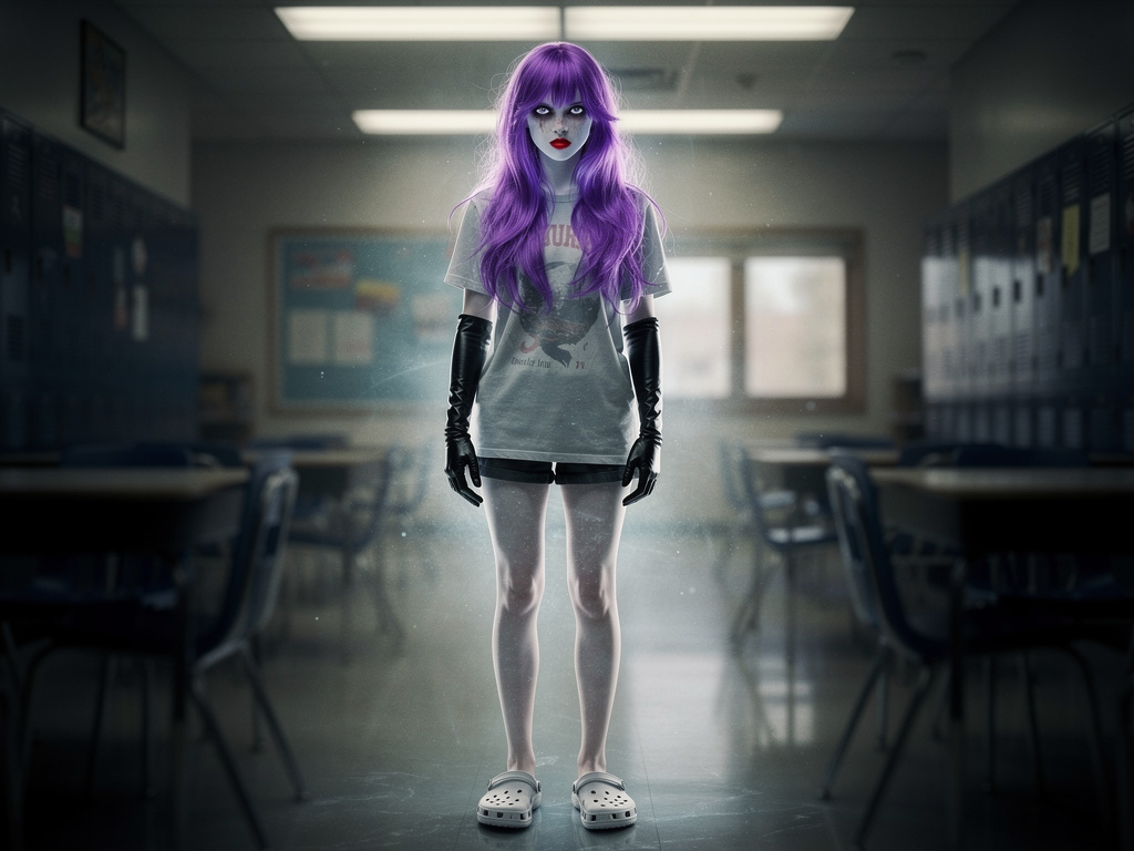 She saw Ghost girl long hair wearing long black gloves Purple wig Red lips Clothes Crocs.