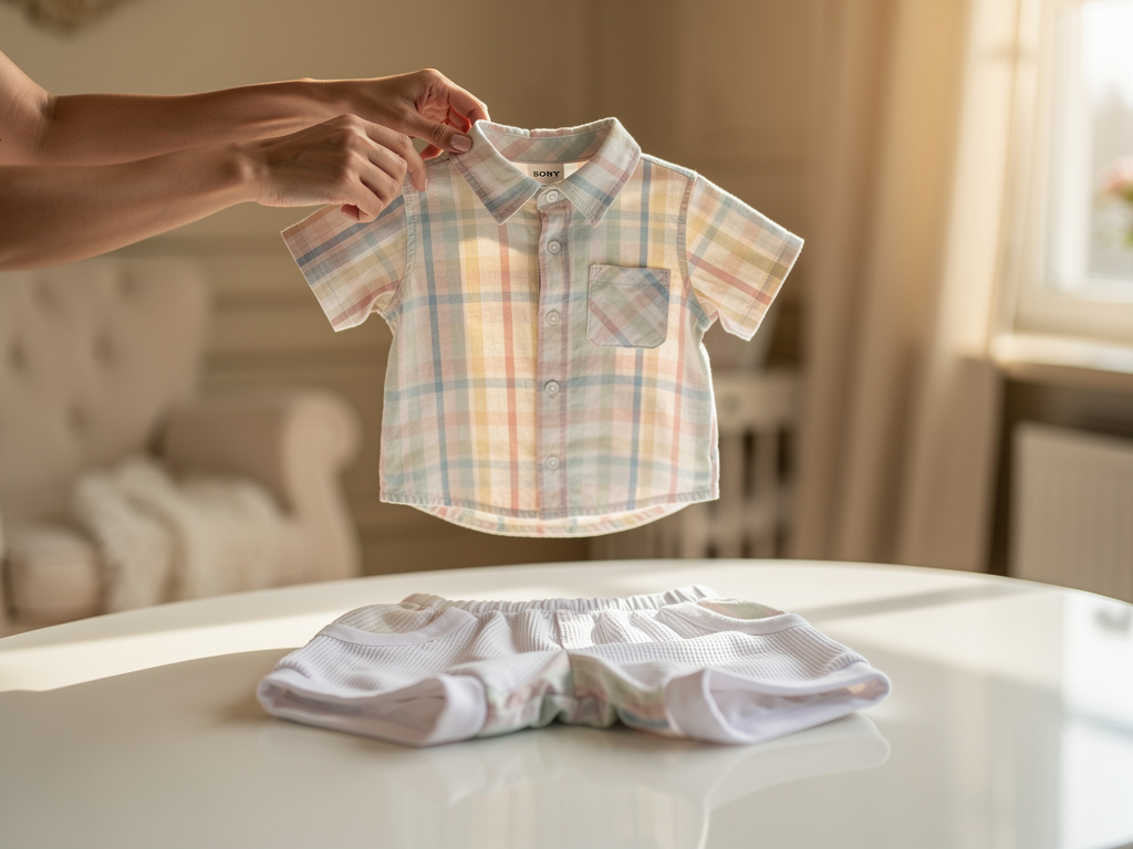 Imagine if: Create cinematic TikTok style product video for baby outfit fashion, aesthetic elegant cozy room setup. Female ha