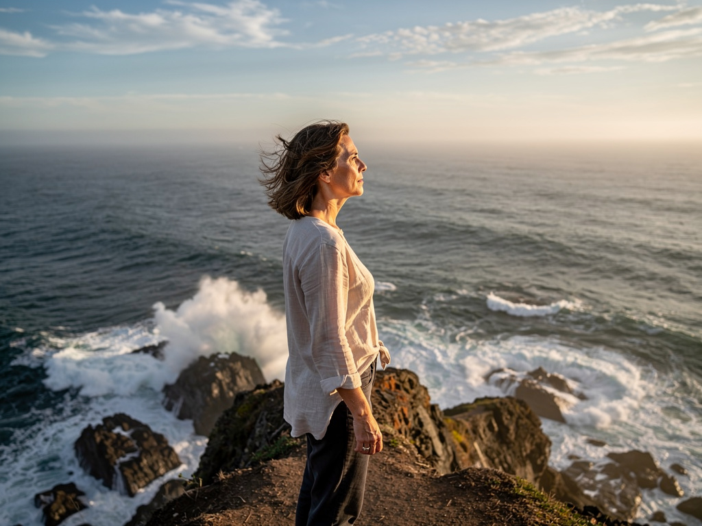 Imagine if: Young women in 40s standing on a cliff looking out over the ocean longing for her one true love separated by dist