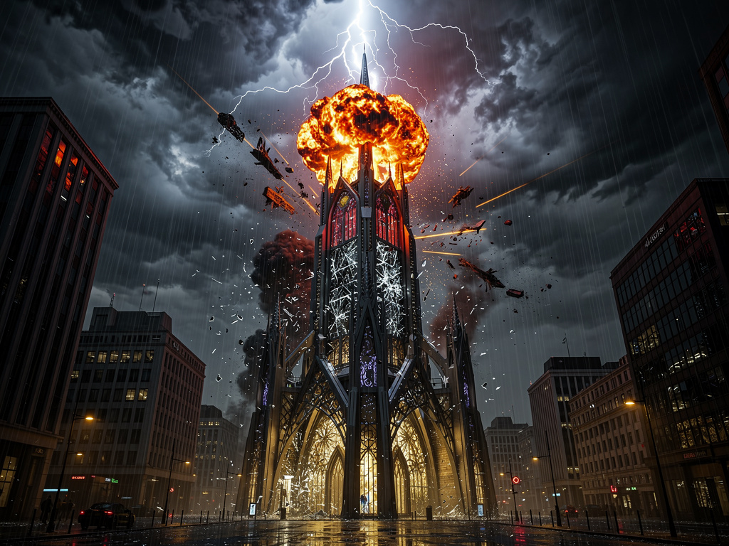 Imagine if: Extreme cinematic wide shot of a futuristic gothic skyscraper (The Citadel) in the heart of London. Midnight sett