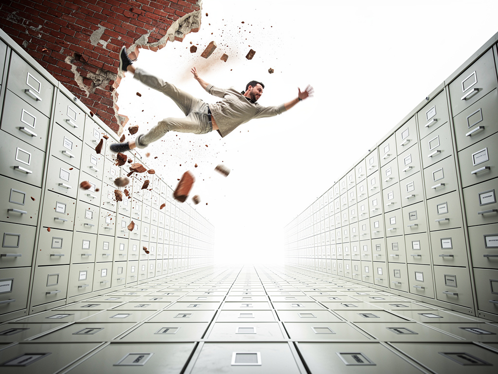 Imagine if: He falls through a brick wall into a vast, white void filled with infinite filing cabinets.