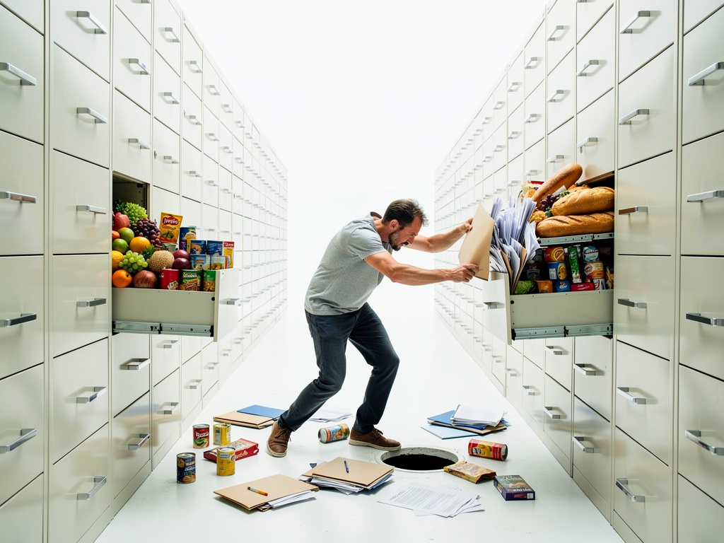He started rummaging through all the cabinets he finds all sorts of stuff like files, infinite food, an unknown hole, and etc