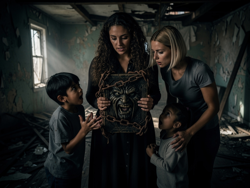 María quita las cadenas y ve que en la carcasa del libro hay como una especie de cara que da miedo pero miedo pero dice Hugo 
