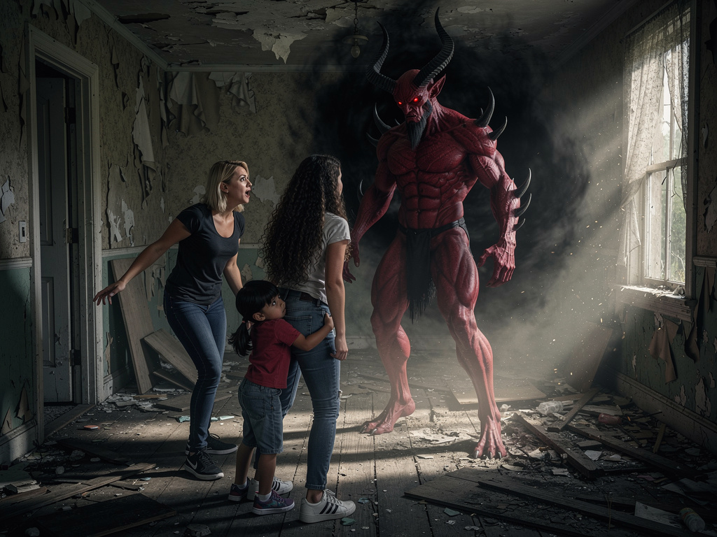 El demonio sale con cuerpo de anime musculoso con perilla, ojos rojos y con cuatro cuernos, el demonio es llamado Lucifer Mor