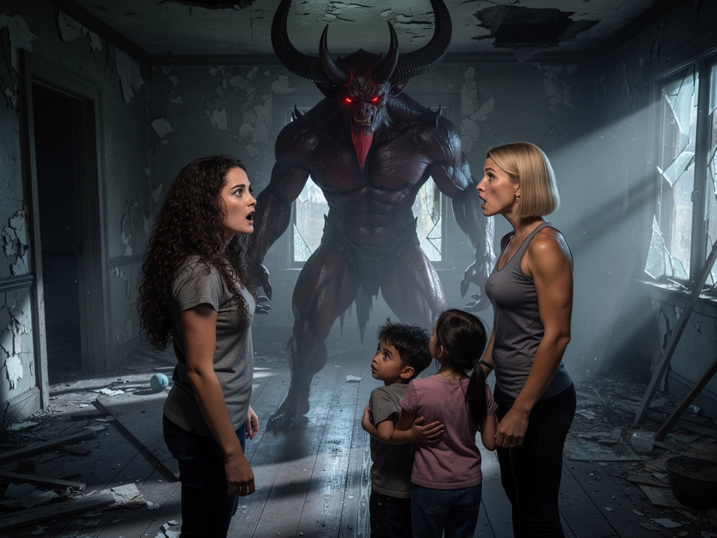 El demonio Lucifer Morristain está mirando a María fijamente y le dice a los niños y a su amiga quién sois vosotras y está ga