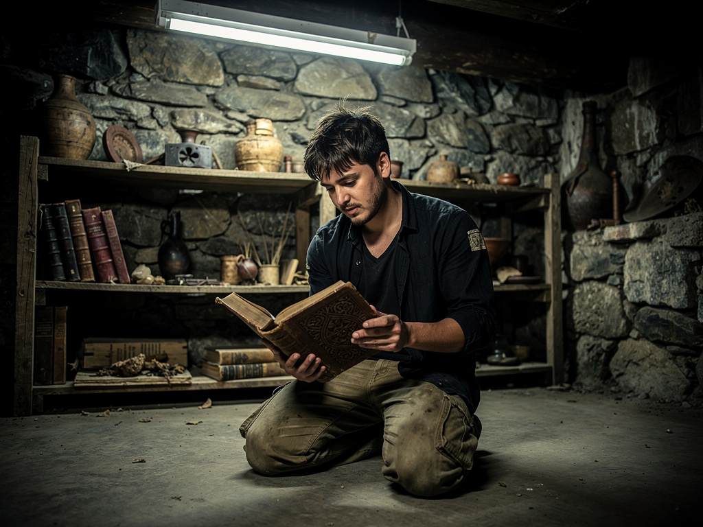 Al seguir buscando encuentra una entrada a un búnker secreto, sin querer cae a una habitación rústica con materiales y arte t