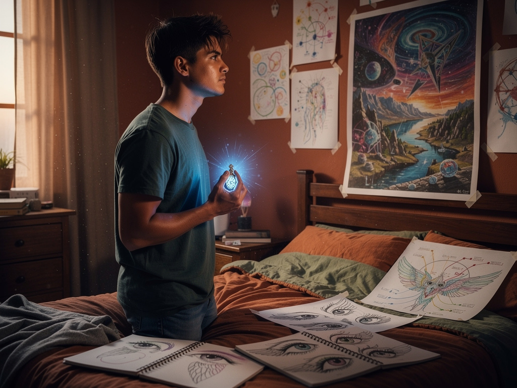 Entra y encuentra solo una recámara con varios dibujos coloridos y otros a medio terminar, encuentra hojas de cuaderno aventa