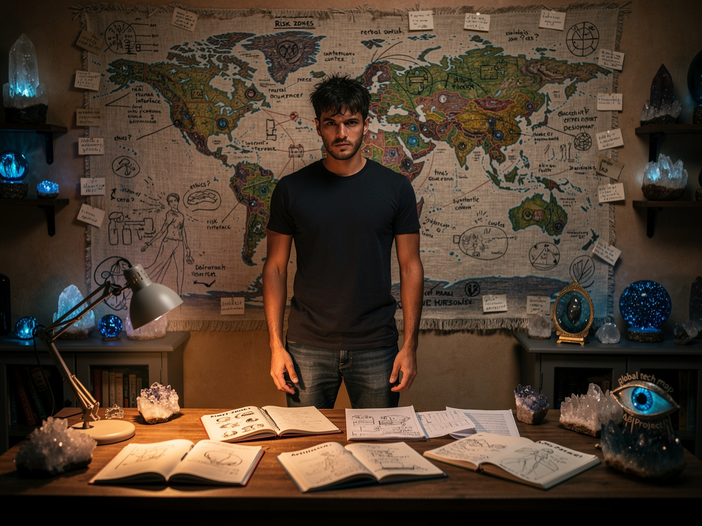 Nick solo observa pero ve que solo está el tapiz de un mapa mental sobre cada avance tecnológico mundial que le preocupaba en