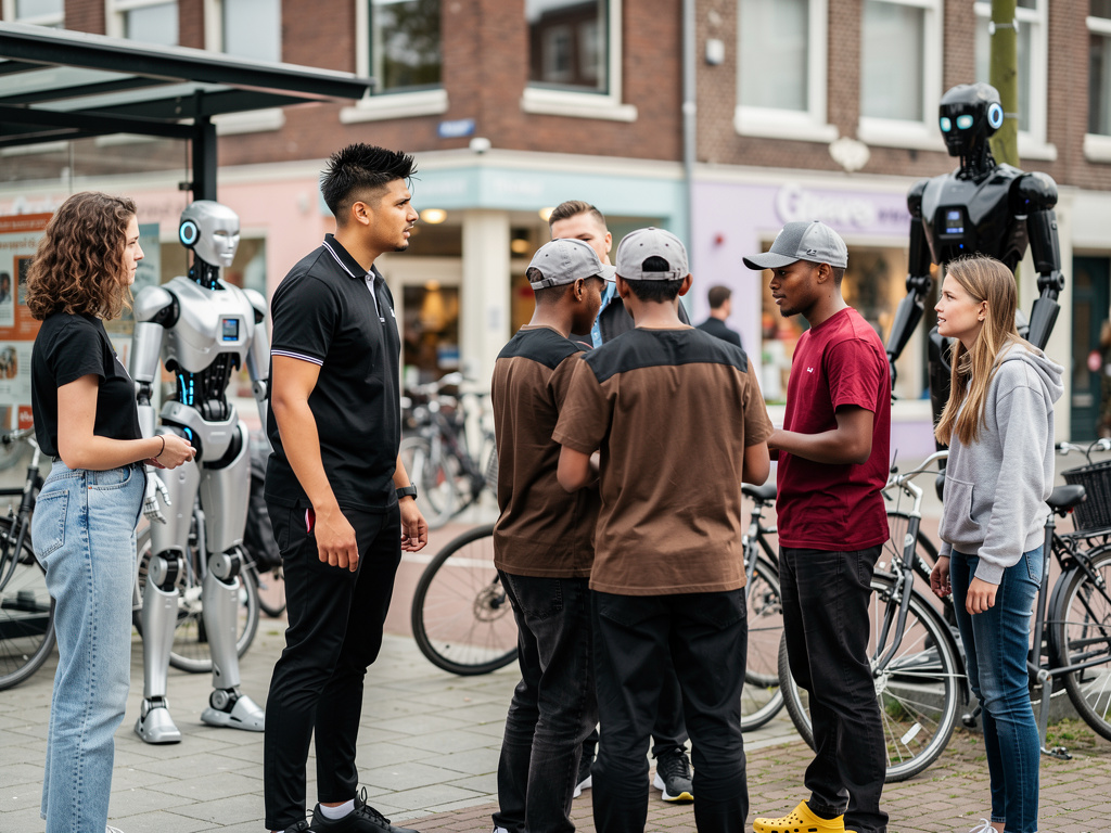 Robot Elyra looks at the Gangs calls The Pirates Wearing Long black Jeans Gray and dark silver Caps and Brown and Dark red Sh