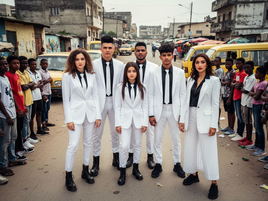 In Nigeria Lagos 2000s  Gangs of White dolphins of Nouakchott Black And White People the Teens Wearing White Suit and long Bl