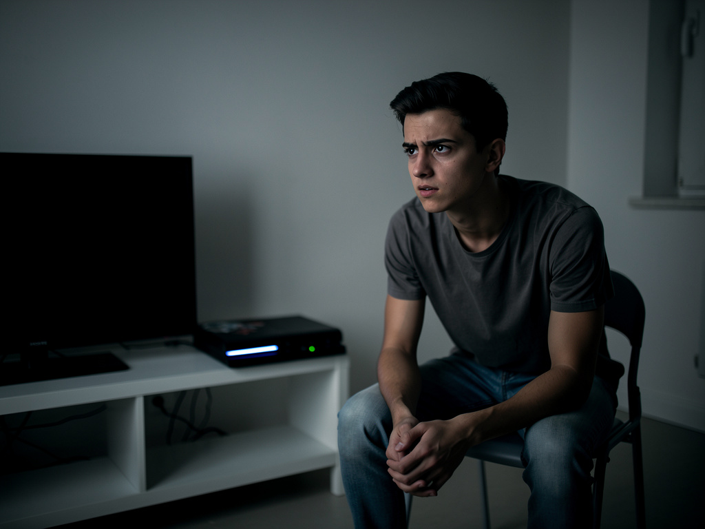 Imagine if: Young guy starting a PS rental business from zero, sitting with one TV and one PS3, determined expression, motiva