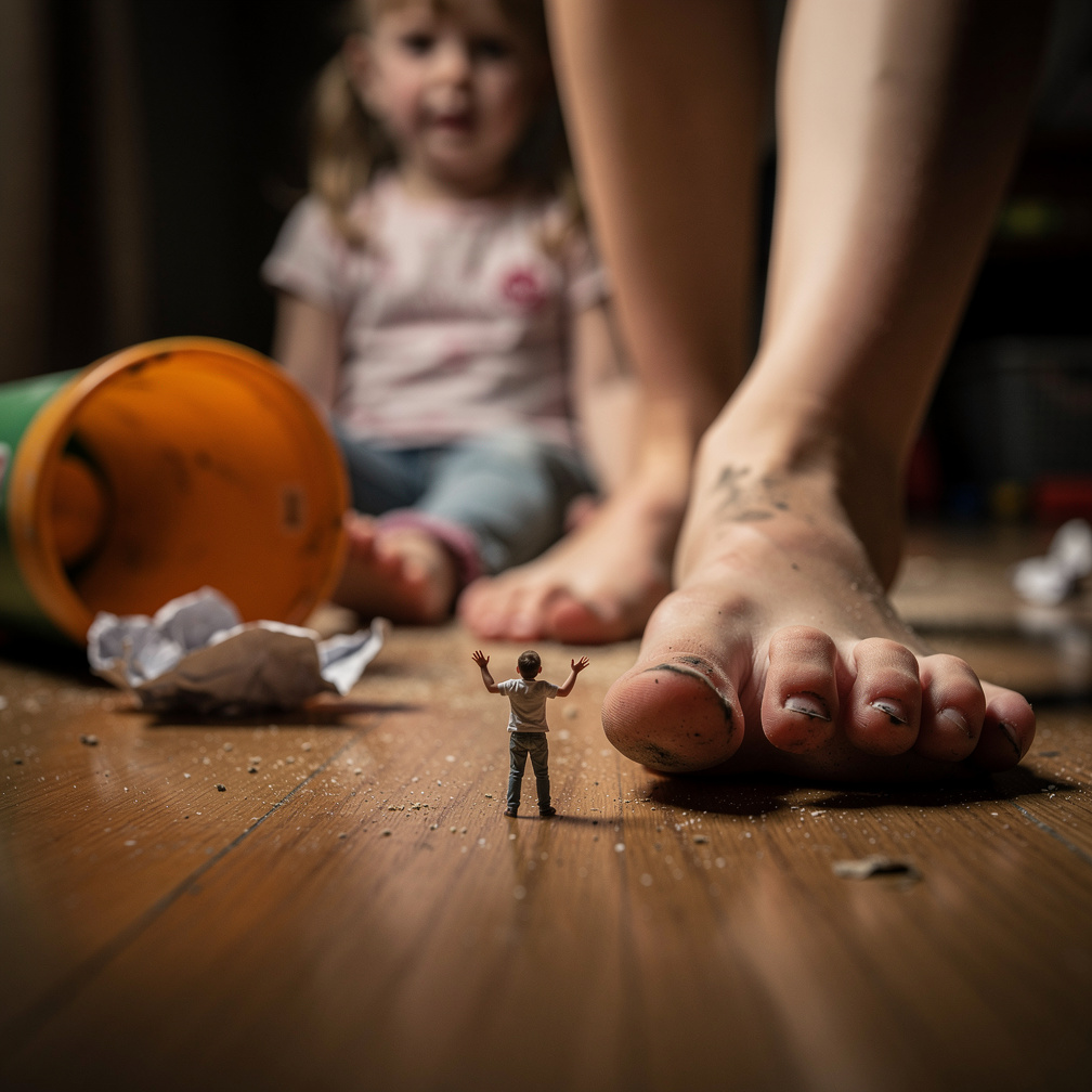 Imagine if: You're a tiny human about 1cm tall. You're about to be stepped on by the stinky bare foot of a toddler girl. She 