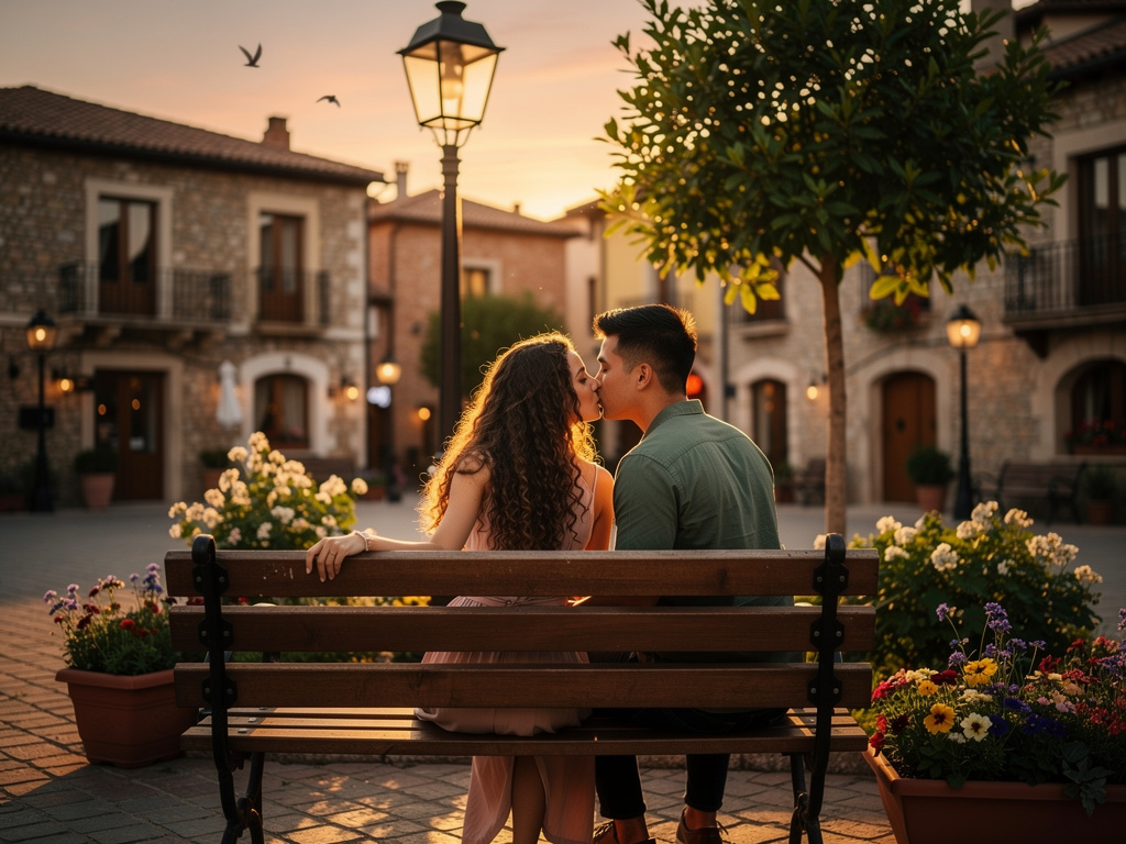 Imagine se: Um casal está sentado em um banco na praça e nervosos eles se beijam pela primeira vez.