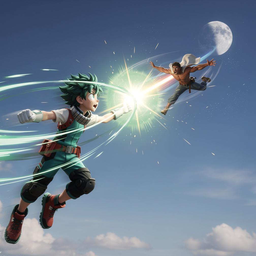 Deku got angry and launches the Deku beam a blast Saichu in sky Saichu was shocked but Saichu flew down and kicked Deku Deku 