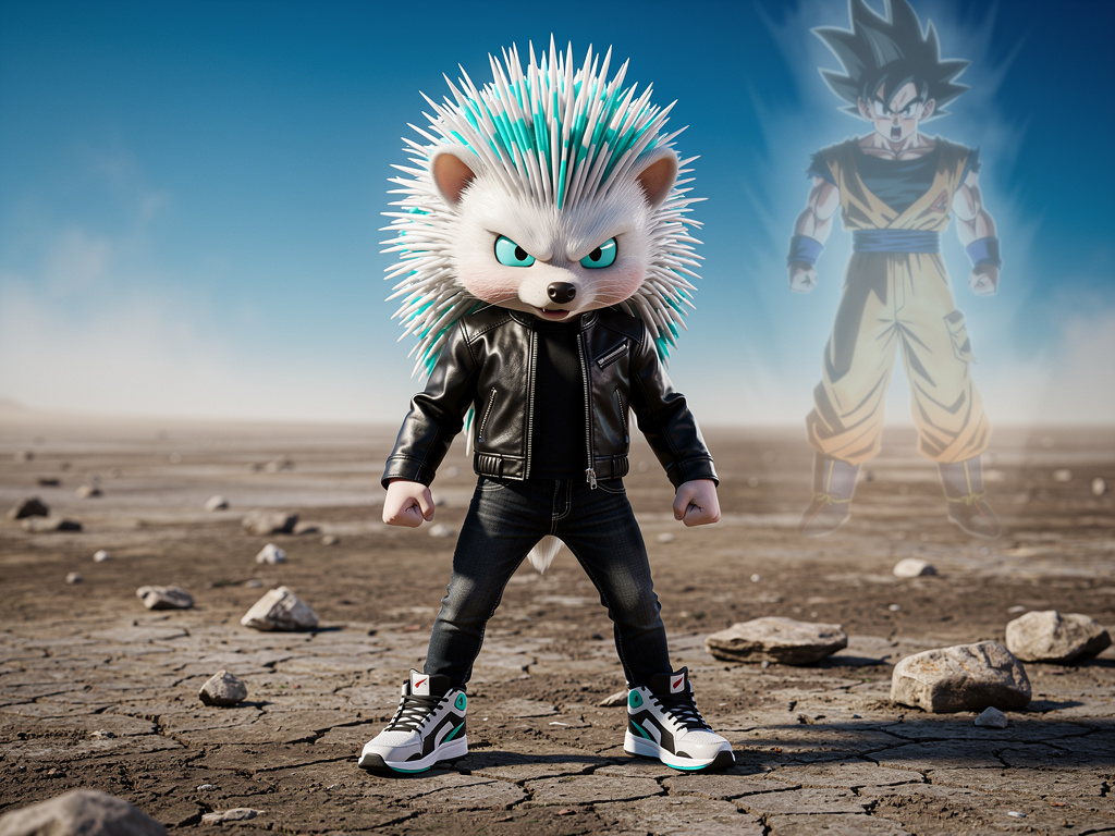 Imagine if: A short, 3'6" anthropomorphic hedgehog named Nomad with white quills and cyan tips, wearing a leather jacket, bla