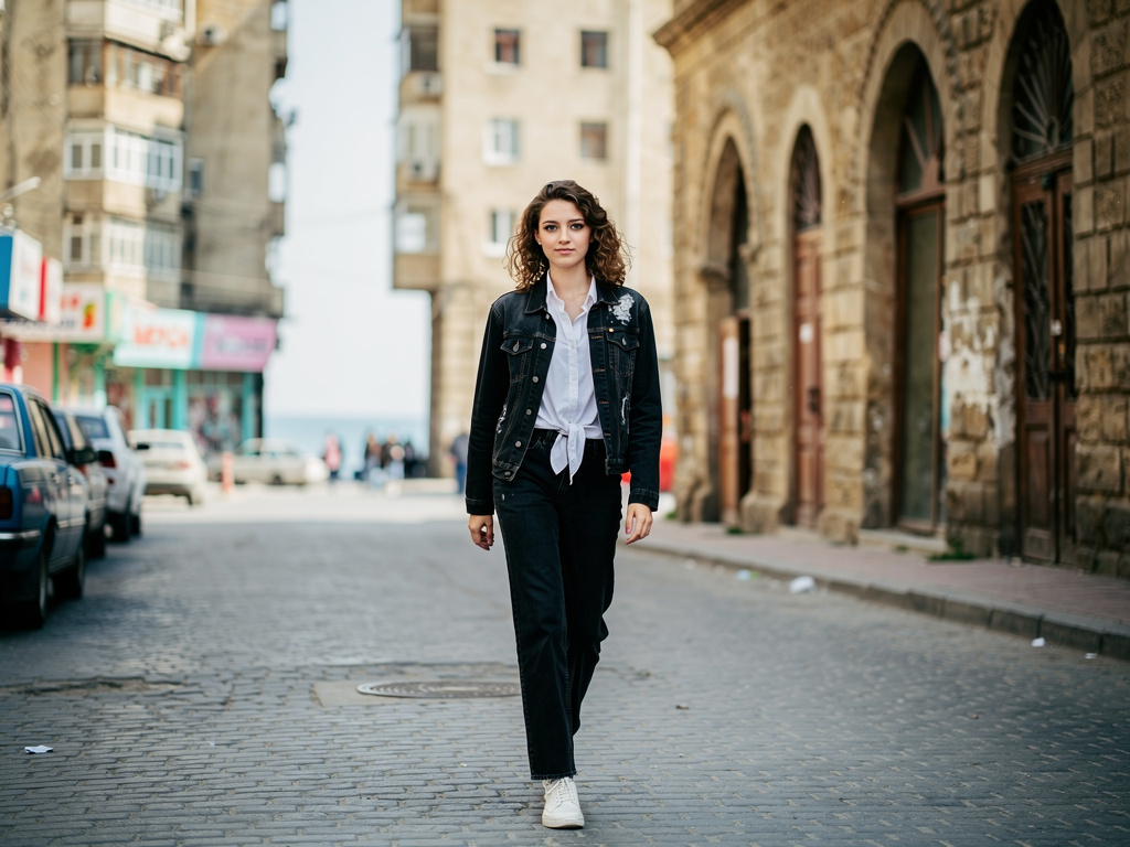 Mackenzie Sala Wears Make up and White tie shirt Black jean jacket and long Black Jeans and White shoes go to Baku in Late 19