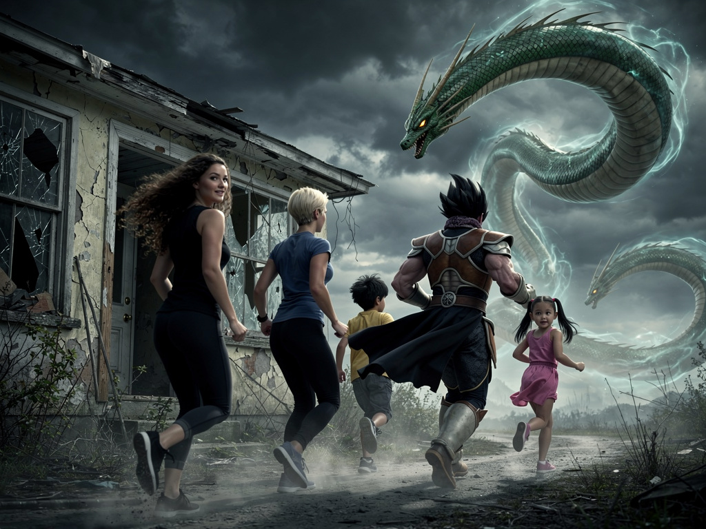 María ve a los dragones venir desde el cielo oscuro y María y Abadón con la apariencia del rey Vegeta corren fuera de la casa