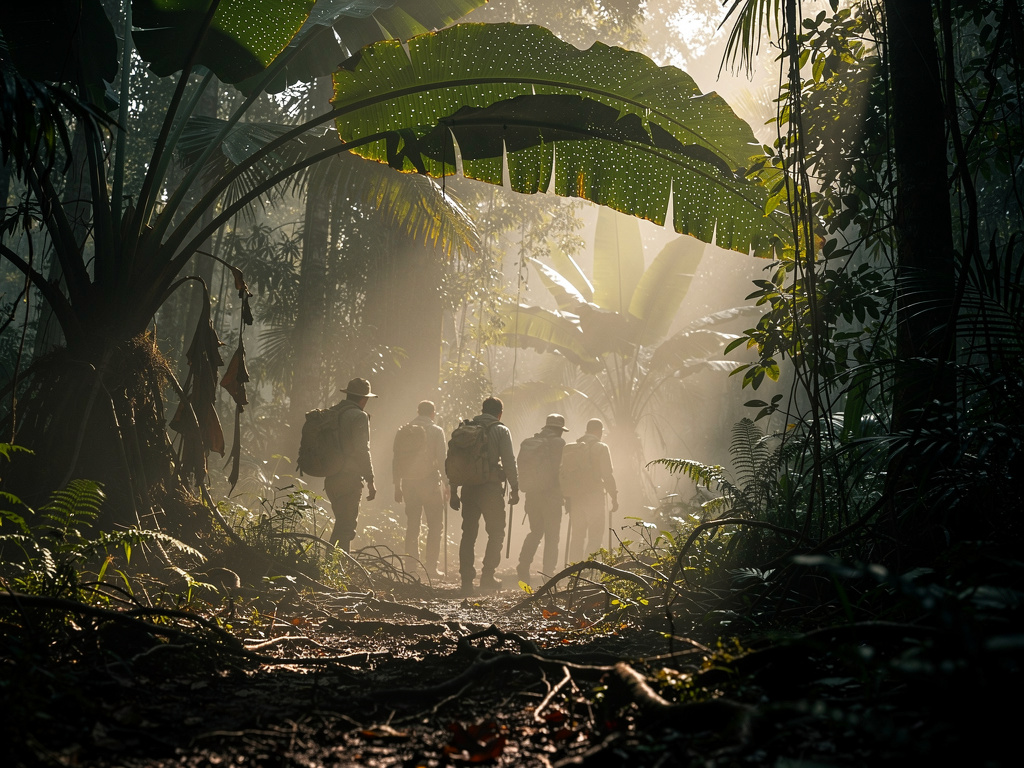 Imagine if: For the first scene (Exploration): A cinematic wide shot captures a team of explorers trekking through a dense, f