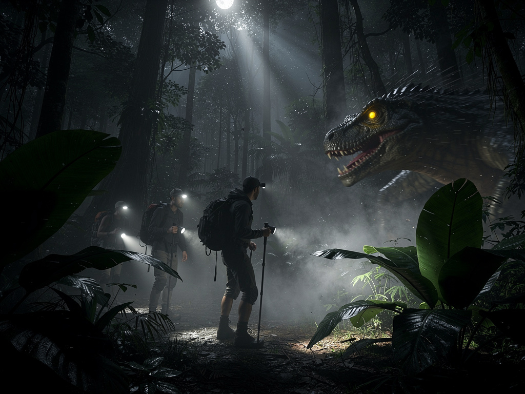 للمشهد الثاني (الوحوش):
"Terrifying monster with glowing eyes emerging from dark jungle foliage, scaly skin, fast motion, hor