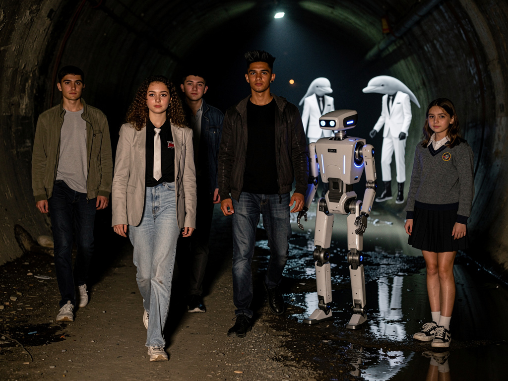Four Teens and Robot human Elyra walk in to the Dark then they saw White dolphins of Nouakchott Wearing the teen boys White S