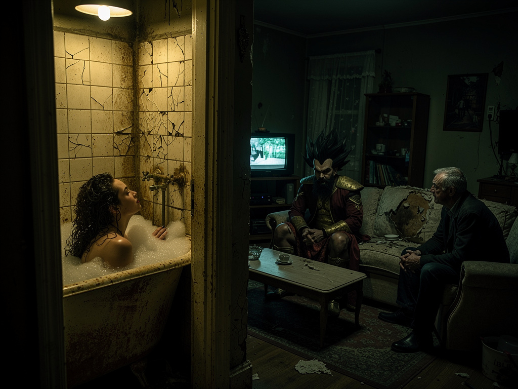 María se baña en la casa de su madre mientras (abadon rey vegeta) esta sentado en el sofá viendo a su futuro suegro.