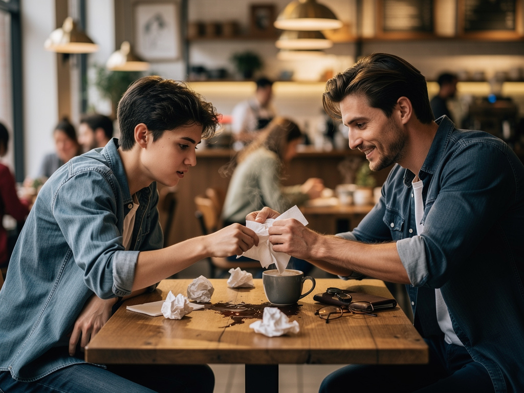 Acabas de derramar café sobre tu camisa, y mientras te apresuras a limpiar, un apuesto desconocido agarra un montón de servil