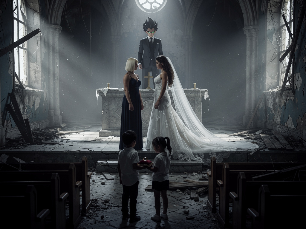 Viene abandon el rey Vegeta vestido de traje y está esperando en el altar María con un vestido blanco y un velo larguísimo. E