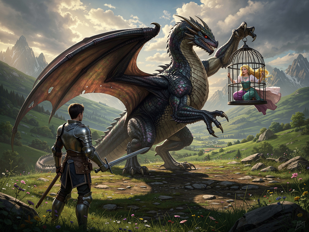 Create a story about a knight who loves a princess and he has to save the princess from the dragon but the princess dies afte