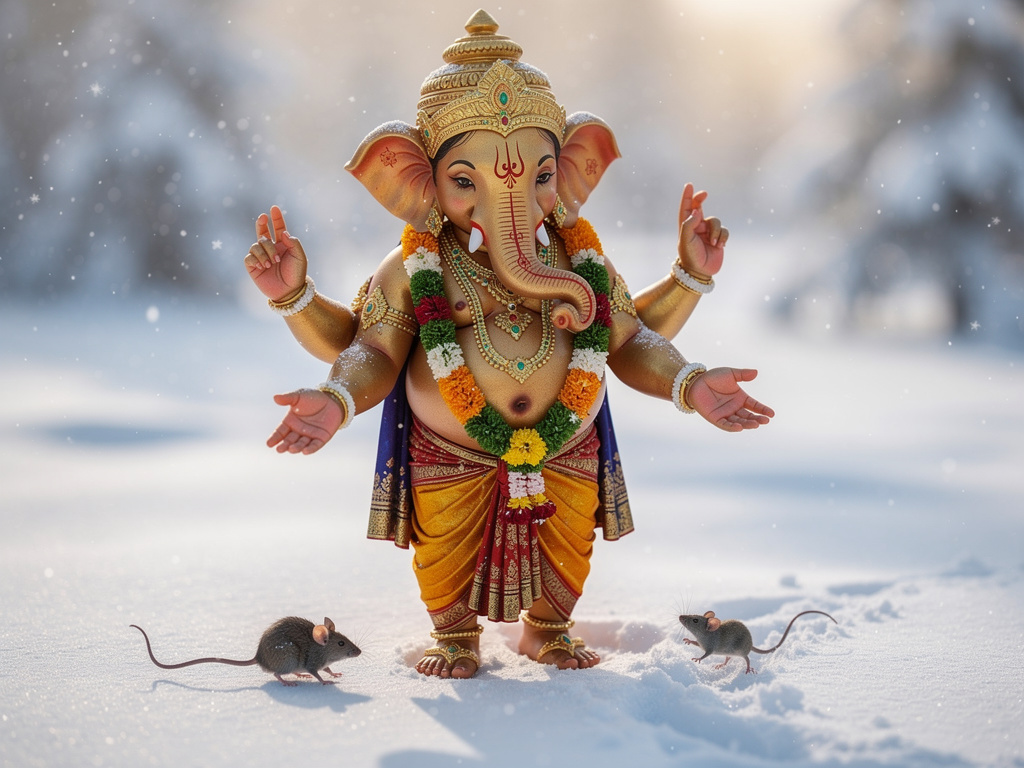 Imagine if: I watched a video of Lord Ganesha playing with a mouse in the snow.