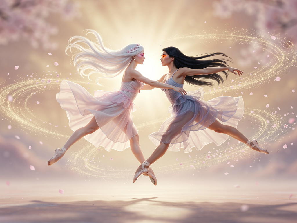 Imagine if: Inferno white hair and cherry blossom eyes and above the body and Maria black hair and orange eyes as they dance 