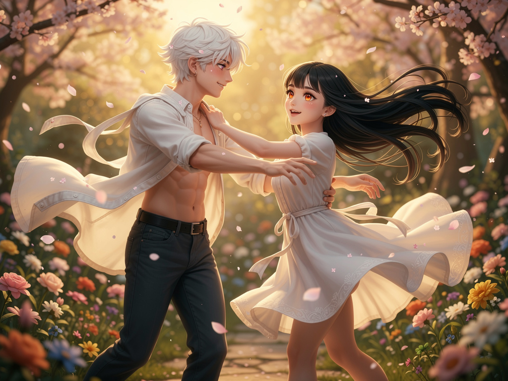 Imagine if: Inferno white hair and cherry blossom eyes and buff body and he's a boy and Maria black hair and orange eyes and 