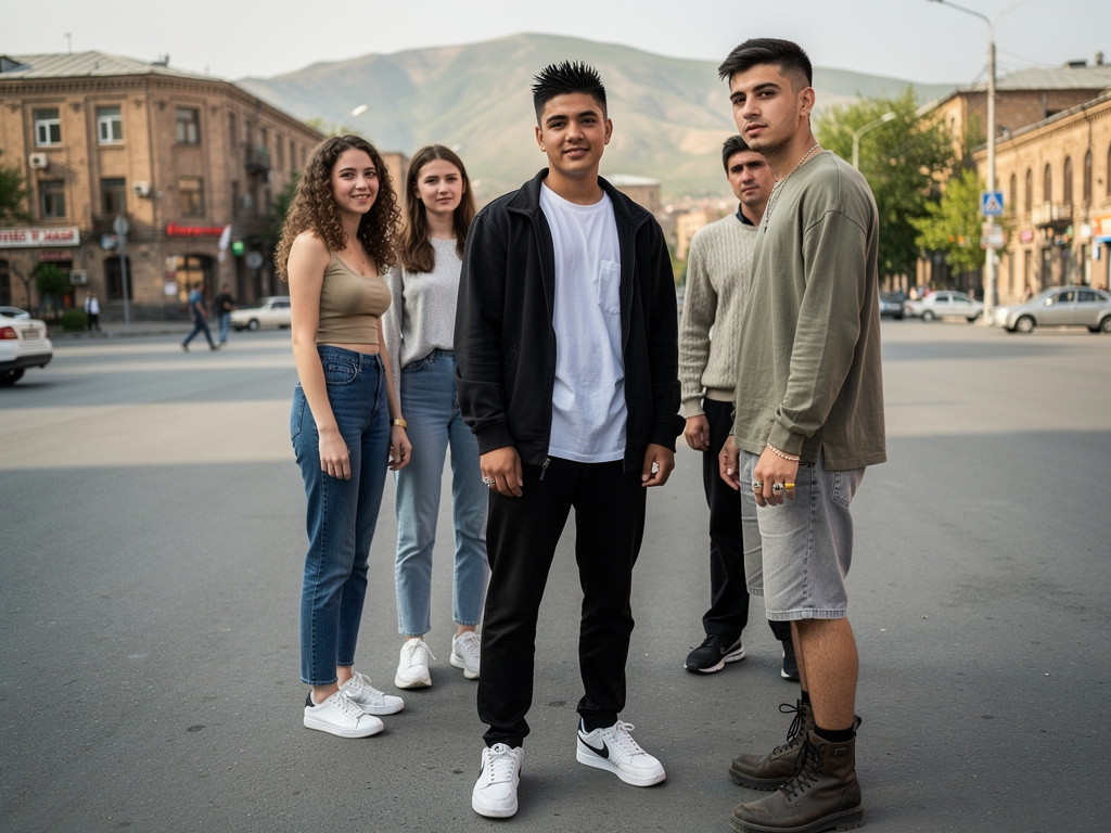 Andrew Rivera Pierre and Jason Hunter go to Yerevan in the Late 1990s Andrew Wears black Jacket white Shirt and trousers Nike