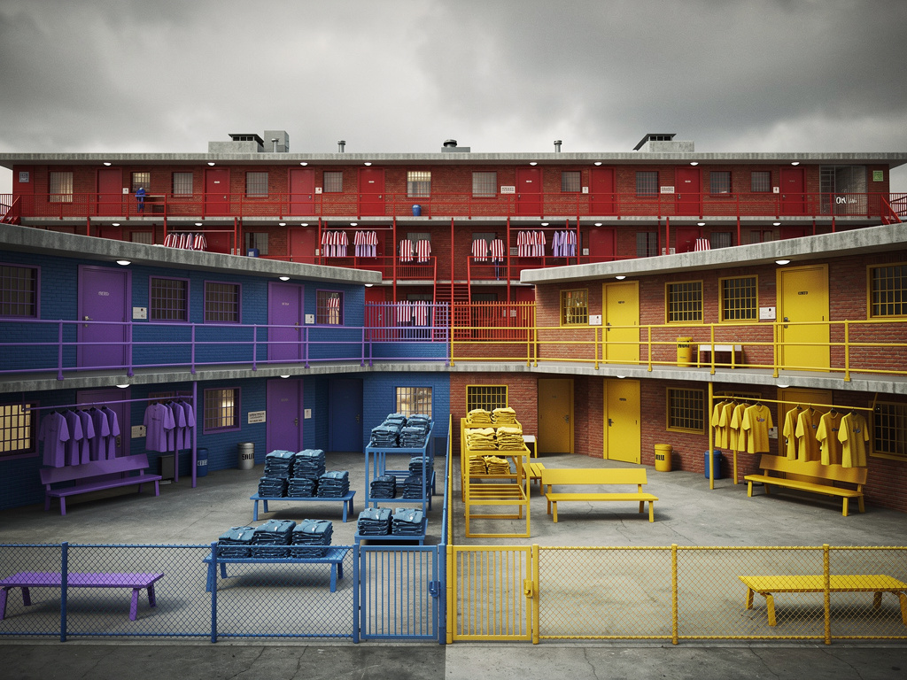 Imagine if: This is retro animated prison character faction themed prison environment with 4 housing zones for inmates namely