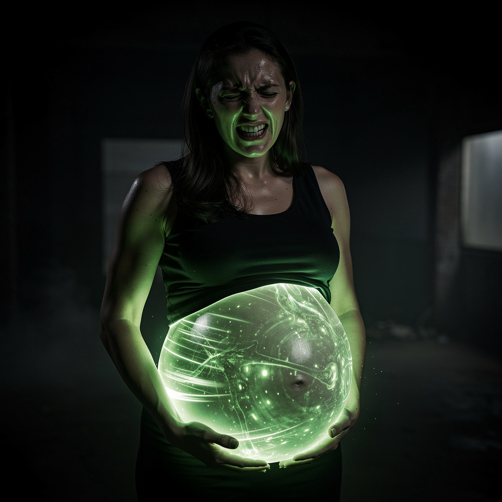 Imagine if: woman standing in a dark, glowing environment while holding an extremely large pregnant belly. Green lights and m