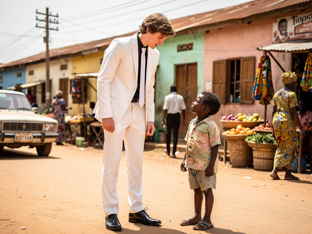 He in Ghana Early/mid 1980s white teen boy the 17 year old Dominic Janssen Wears white suit and long black shirt and white ti