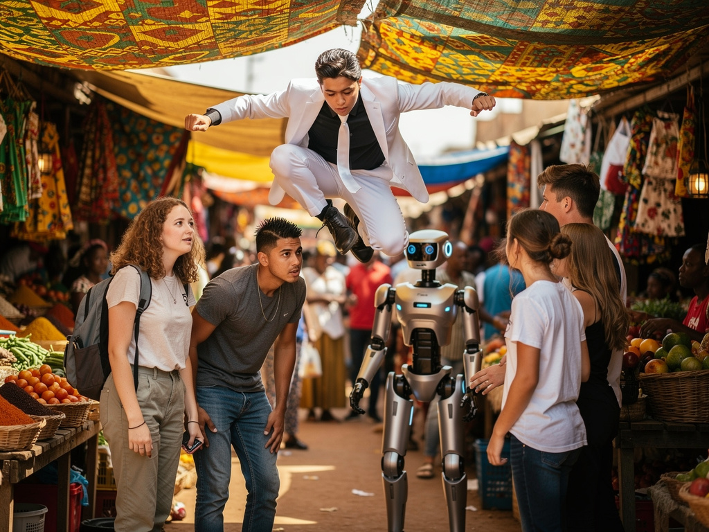 Teenager Dominic Janssen wearing white suit and long black shirt and white tie and black boots Starts Parkour at Market in Gh